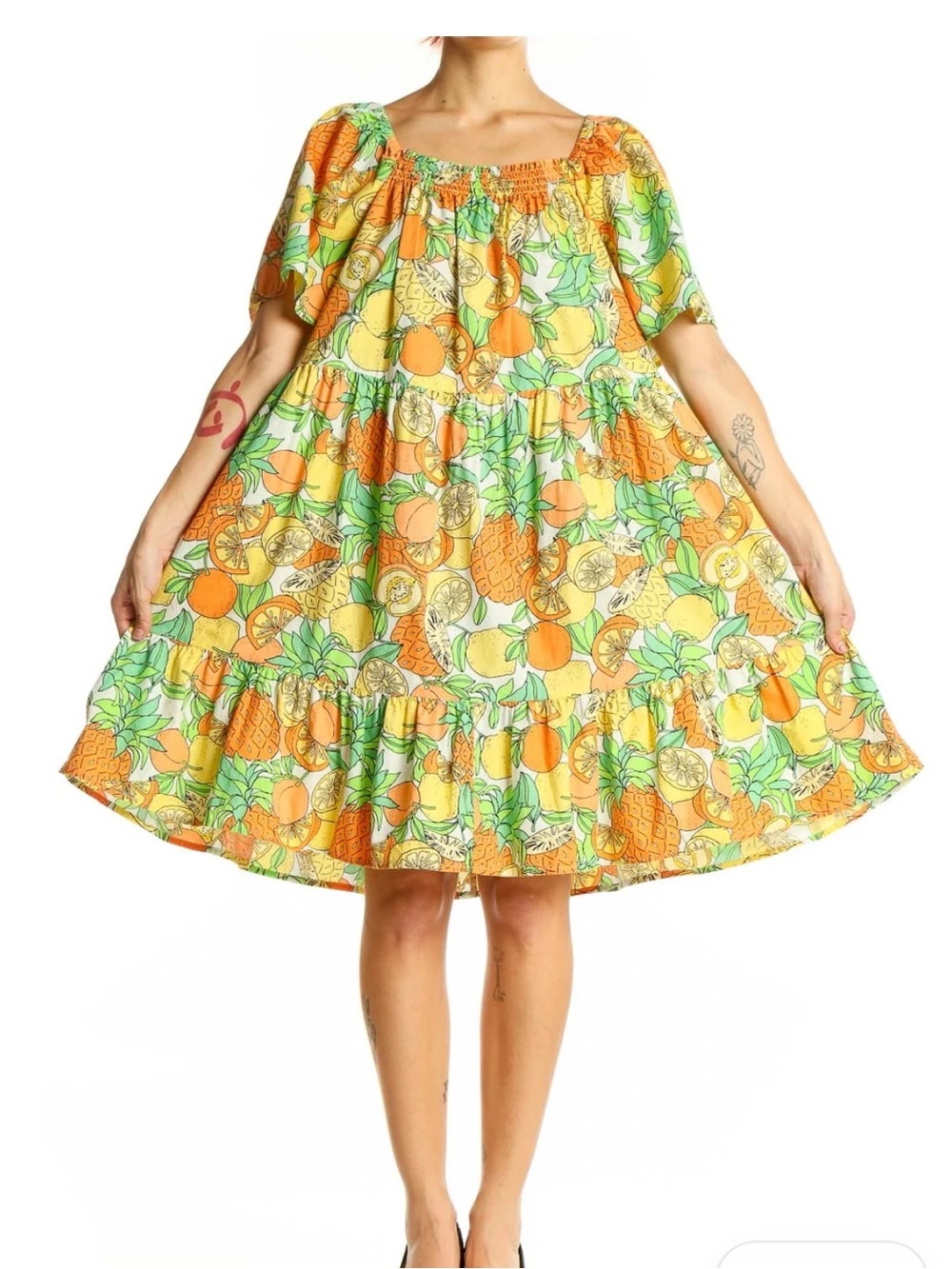 Peyton & Parker women large 12 14 Babydoll dress Citrus Fruit Print blue orange